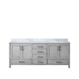 Lexora Jacques 80 Inch Distressed Grey Double Vanity Cabinet, White Carrara Marble Top, White Square Sinks and no Mirror