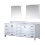 Lexora Jacques 84 Inch White Double Vanity Cabinet, White Carrara Marble Top, White Square Sinks and 34 Inch Mirrors