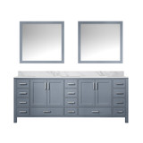 Lexora Jacques 84 Inch Dark Grey Double Vanity Cabinet, White Carrara Marble Top, White Square Sinks and 34 Inch Mirrors