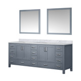 Lexora Jacques 84 Inch Dark Grey Double Vanity Cabinet, White Carrara Marble Top, White Square Sinks and 34 Inch Mirrors