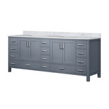 Lexora Jacques 84 Inch Dark Grey Double Vanity Cabinet, White Carrara Marble Top, White Square Sinks and no Mirror