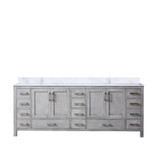 Lexora Jacques 84 Inch Distressed Grey Double Vanity Cabinet, White Carrara Marble Top, White Square Sinks and no Mirror