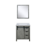 Lexora Marsyas 30 Inch Ash Grey Single Vanity Cabinet, White Quartz Top, White Square Sink and 28 Inch Mirror
