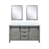 Lexora Marsyas 60 Inch Ash Grey Double Vanity Cabinet, White Quartz Top, White Square Sinks and 24 Inch Mirrors