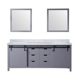 Lexora Marsyas 80 Inch Dark Grey Double Vanity Cabinet, White Carrara Marble Top, White Square Sinks and 30 Inch Mirrors