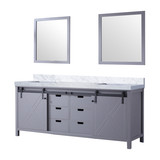 Lexora Marsyas 80 Inch Dark Grey Double Vanity Cabinet, White Carrara Marble Top, White Square Sinks and 30 Inch Mirrors