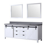 Lexora Marsyas 84 Inch White Double Vanity Cabinet, Grey Quartz Top, White Square Sinks and 34 Inch Mirrors