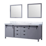 Lexora Marsyas 84 Inch Dark Grey Double Vanity Cabinet, White Carrara Marble Top, White Square Sinks and 34 Inch Mirrors