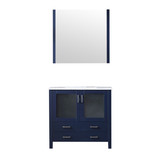 Lexora Volez 36 Inch Navy Blue Single Vanity Cabinet, Integrated Top, White Integrated Square Sink and 34 Inch Mirror