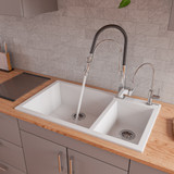 ALFI White 34" x 20" Double Bowl Drop In Granite Composite Kitchen Sink - AB3319DI-W