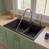 ALFI AB3320DI-BLA Black 33" x 22" Double Bowl Drop In Granite Composite Kitchen Sink