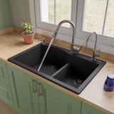 ALFI Black 33" x 22" Double Bowl Drop In Granite Composite Kitchen Sink - AB3320DI-BLA