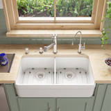 Alfi AB512-W White 32" x 18" Double Bowl Lip Apron Fireclay Farmhouse Kitchen Sink with 1 3/4" Lip