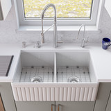 ALFI White 32" x 19" Fluted Apron Double Bowl Fireclay Farmhouse Kitchen Sink - AB537-W