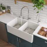 ALFI White 32" x 20" Smooth Apron Double Bowl Fireclay Farmhouse Kitchen Sink - AB538-W