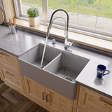 ALFI Gray Matte Smooth Apron 33" x 18" Double Bowl FireclayApron Farmhouse Sink - ABF3318D-GM