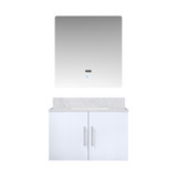 Lexora Geneva 30" Glossy White Single Wall Mount Vanity Cabinet, White Carrara Marble Top, White Square Sink and 30" LED Mirror