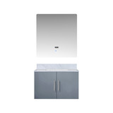Lexora Geneva 30" Dark Grey Single Wall Mount Vanity Cabinet, White Carrara Marble Top, White Square Sink and 30" LED Mirror