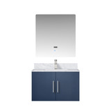 Lexora Geneva 30" Navy Blue Single Wall Mount Vanity Cabinet, White Carrara Marble Top, White Square Sink and 30" LED Mirror w/ Faucet