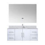 Lexora Geneva 48" Glossy White Single Wall Mount Vanity Cabinet, White Carrara Marble Top, White Square Sink and 48" LED Mirror w/ Faucet
