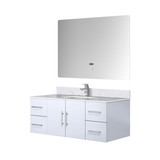 Lexora Geneva 48" Glossy White Single Wall Mount Vanity Cabinet, White Carrara Marble Top, White Square Sink and 48" LED Mirror w/ Faucet