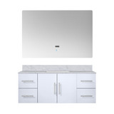 Lexora Geneva 48" Glossy White Single Wall Mount Vanity Cabinet, White Carrara Marble Top, White Square Sink and 48" LED Mirror