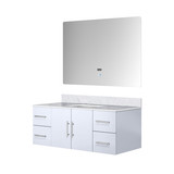 Lexora Geneva 48" Glossy White Single Wall Mount Vanity Cabinet, White Carrara Marble Top, White Square Sink and 48" LED Mirror