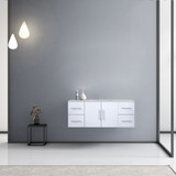 Lexora Geneva 48" Glossy White Single Wall Mount Vanity, White Carrara Marble Top, White Square Sink and no Mirror