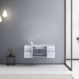 Lexora Geneva 48" Glossy White Single Wall Mount Vanity, White Carrara Marble Top, White Square Sink and no Mirror