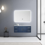 Lexora Geneva 48" Navy Blue Single Wall Mount Vanity, White Carrara Marble Top, White Square Sink and 48" LED Mirror