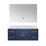 Lexora Geneva 48" Navy Blue Single Wall Mount Vanity Cabinet, White Carrara Marble Top, White Square Sink and 48" LED Mirror