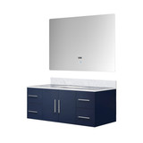 Lexora Geneva 48" Navy Blue Single Wall Mount Vanity Cabinet, White Carrara Marble Top, White Square Sink and 48" LED Mirror