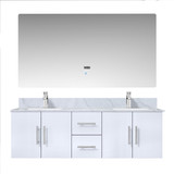 Lexora Geneva 60" Glossy White Double Wall Mount Vanity Cabinet, White Carrara Marble Top, White Square Sinks and 60" LED Mirror w/ Faucets