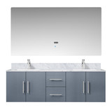 Lexora Geneva 60" Dark Grey Double Wall Mount Vanity Cabinet, White Carrara Marble Top, White Square Sinks and 60" LED Mirror w/ Faucets