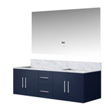 Lexora Geneva 60" Navy Blue Double Wall Mount Vanity Cabinet, White Carrara Marble Top, White Square Sinks and 60" LED Mirror
