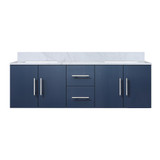 Lexora Geneva 60" Navy Blue Double Wall Mount Vanity Cabinet, White Carrara Marble Top, White Square Sinks and no Mirror