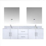 Lexora Geneva 72" Glossy White Double Wall Mount Vanity Cabinet, White Carrara Marble Top, White Square Sinks and 30" LED Mirrors w/ Faucets