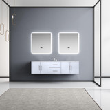 Lexora Geneva 72" Glossy White Double Wall Mount Vanity, White Carrara Marble Top, White Square Sinks and 30" LED Mirrors