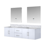 Lexora Geneva 72" Glossy White Double Wall Mount Vanity Cabinet, White Carrara Marble Top, White Square Sinks and 30" LED Mirrors