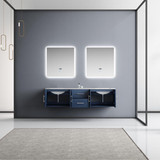 Lexora Geneva 72" Navy Blue Double Wall Mount Vanity, White Carrara Marble Top, White Square Sinks and 30" LED Mirrors