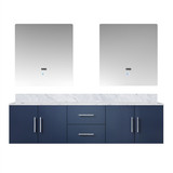 Lexora Geneva 72" Navy Blue Double Wall Mount Vanity Cabinet, White Carrara Marble Top, White Square Sinks and 30" LED Mirrors