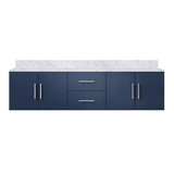Lexora Geneva 72" Navy Blue Double Wall Mount Vanity Cabinet, White Carrara Marble Top, White Square Sinks and no Mirror