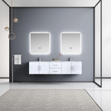 Lexora Geneva 80" Glossy White Double Wall Mount Vanity, White Carrara Marble Top, White Square Sinks and 30" LED Mirrors w/ Faucets