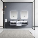 Lexora Geneva 80" Glossy White Double Wall Mount Vanity, White Carrara Marble Top, White Square Sinks and 30" LED Mirrors w/ Faucets