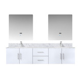Lexora Geneva 80" Glossy White Double Wall Mount Vanity Cabinet, White Carrara Marble Top, White Square Sinks and 30" LED Mirrors w/ Faucets