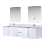 Lexora Geneva 80" Glossy White Double Wall Mount Vanity Cabinet, White Carrara Marble Top, White Square Sinks and 30" LED Mirrors w/ Faucets