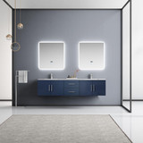 Lexora Geneva 80" Navy Blue Double Wall Mount Vanity, White Carrara Marble Top, White Square Sinks and 30" LED Mirrors w/ Faucets