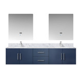 Lexora Geneva 80" Navy Blue Double Wall Mount Vanity Cabinet, White Carrara Marble Top, White Square Sinks and 30" LED Mirrors w/ Faucets