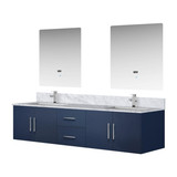Lexora Geneva 80" Navy Blue Double Wall Mount Vanity Cabinet, White Carrara Marble Top, White Square Sinks and 30" LED Mirrors w/ Faucets