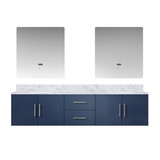 Lexora Geneva 80" Navy Blue Double Wall Mount Vanity Cabinet, White Carrara Marble Top, White Square Sinks and 30" LED Mirrors